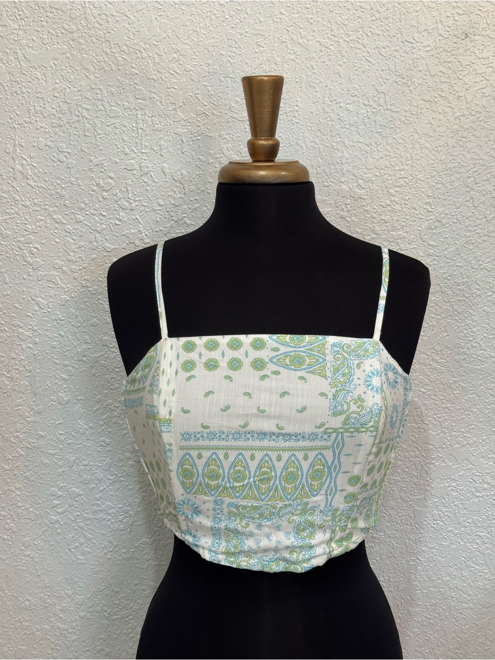 White Paisley-Print Spaghetti Strap Crop Camisole